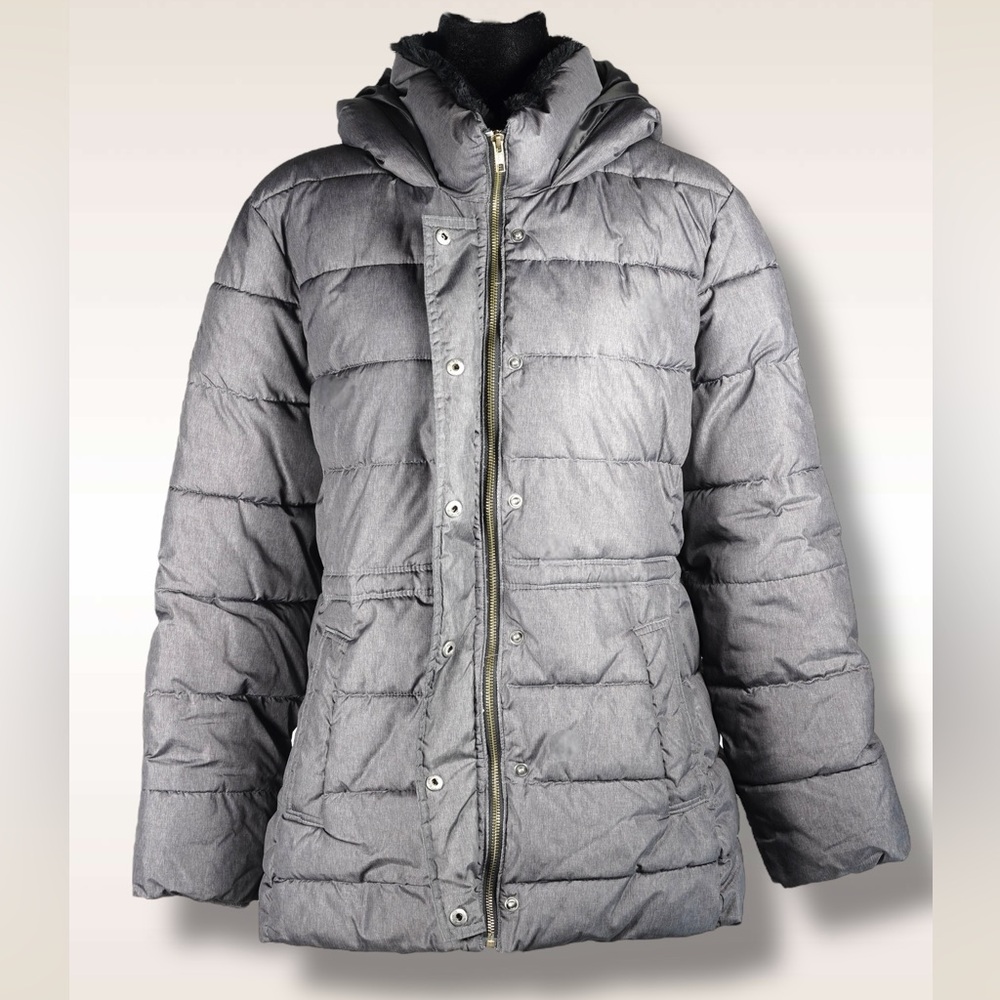 GAP Mid Puffer Jacket Silver Heather Hooded Faux-Fur Lined – Women’s Size XL - Picture 4 of 17